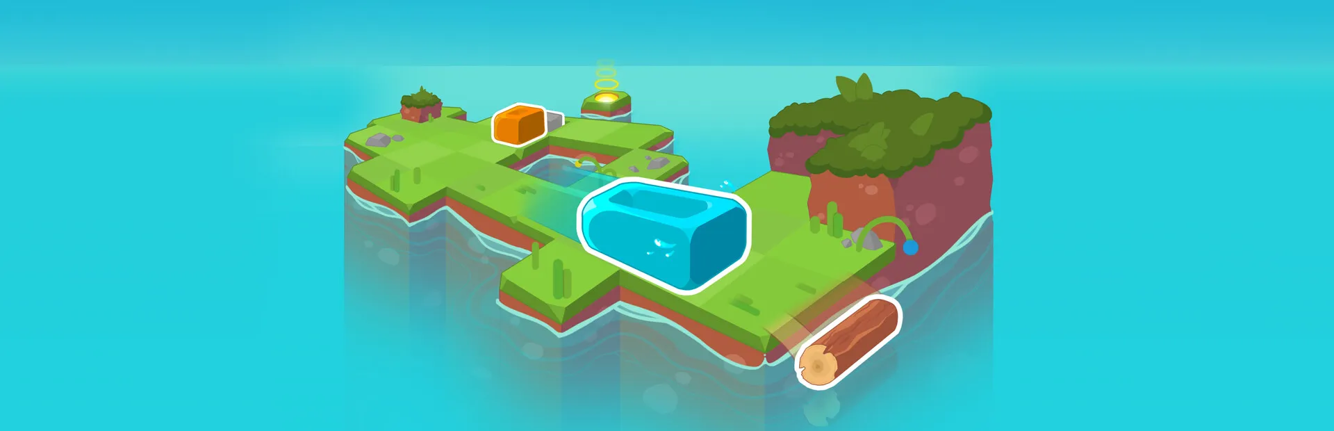 Isometric island from Double Trip with a blue jelly block, an orange crate and a log floating on turquoise water.